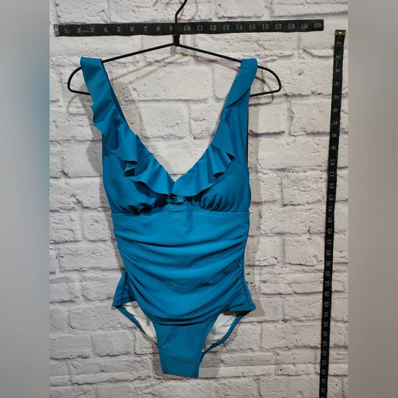 DKNY Ruffle Plunge Underwire Tummy Control One-Piece Swim Vibrant Blue Size 18 - Picture 2 of 10